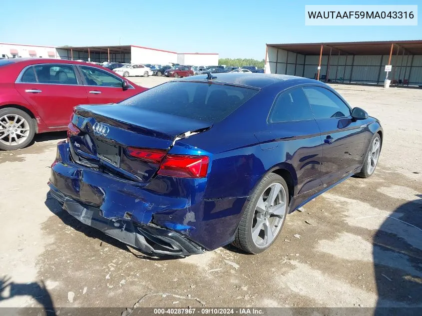 2021 Audi A5 Premium Plus 45 VIN: WAUTAAF59MA043316 Lot: 40287967