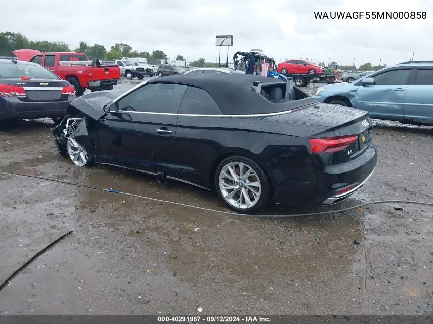 2021 Audi A5 Cabriolet Premium Plus 45 Tfsi Quattro S Tronic VIN: WAUWAGF55MN000858 Lot: 40291987