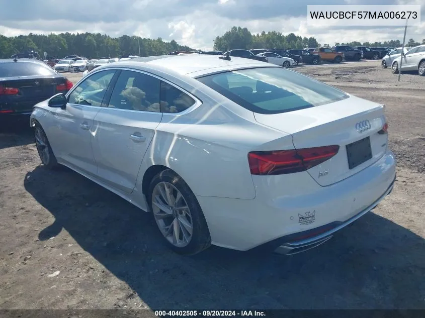 2021 Audi A5 Sportback Premium Plus 40 Tfsi Quattro S Tronic VIN: WAUCBCF57MA006273 Lot: 40402505