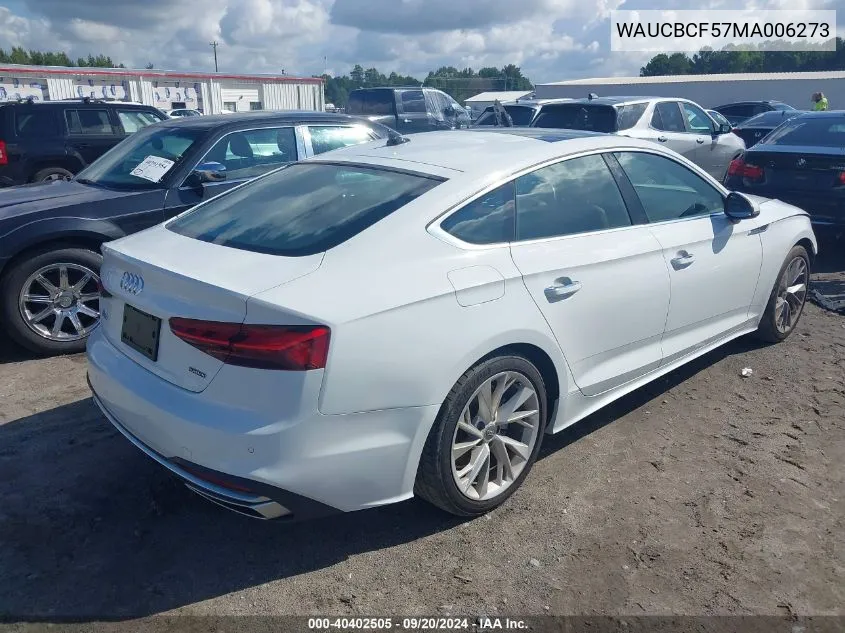 2021 Audi A5 Sportback Premium Plus 40 Tfsi Quattro S Tronic VIN: WAUCBCF57MA006273 Lot: 40402505