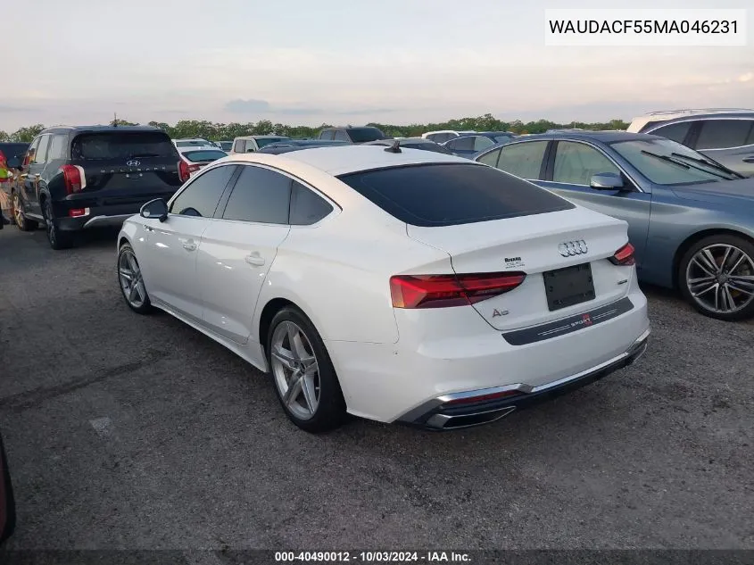 2021 Audi A5 Sportback Premium 45 Tfsi Quattro S Tronic VIN: WAUDACF55MA046231 Lot: 40490012