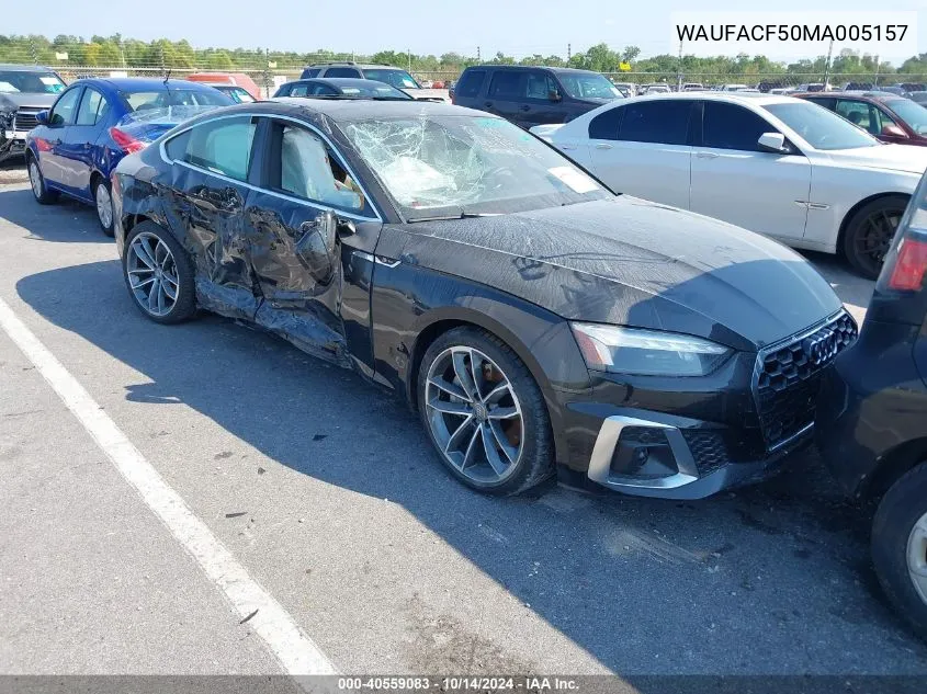 2021 Audi A5 Sportback Premium Plus 45 Tfsi Quattro S Tronic VIN: WAUFACF50MA005157 Lot: 40559083