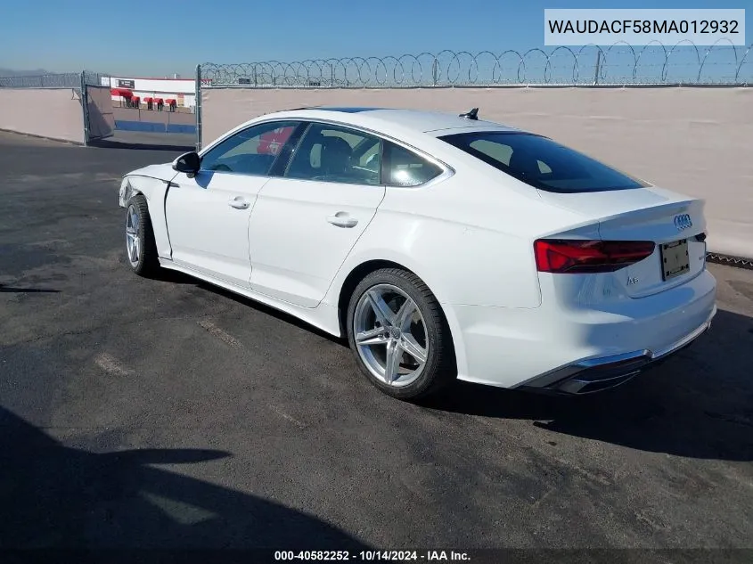 2021 Audi A5 Sportback Premium 45 VIN: WAUDACF58MA012932 Lot: 40582252