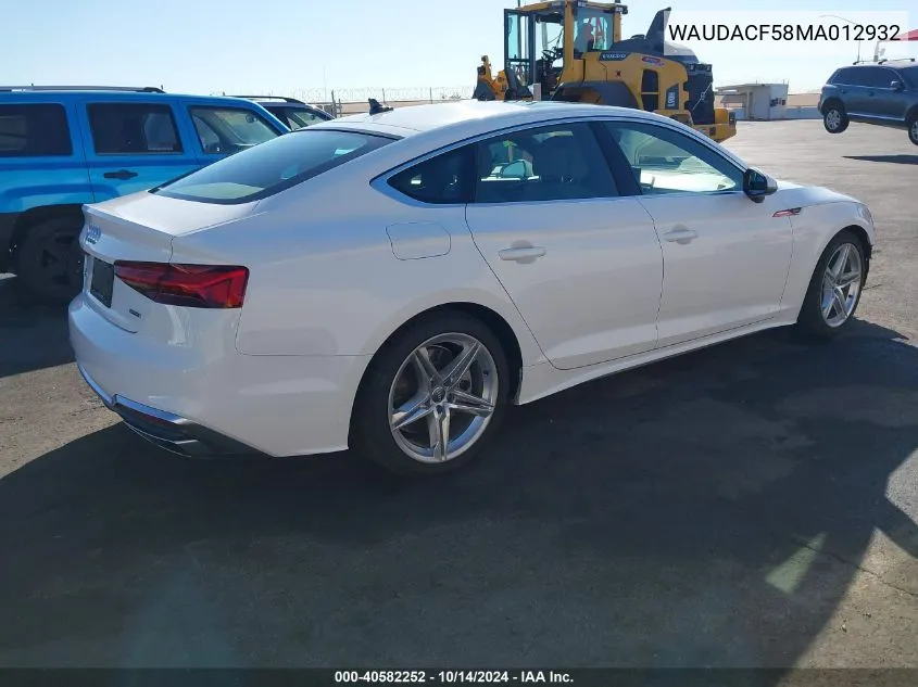 2021 Audi A5 Sportback Premium 45 VIN: WAUDACF58MA012932 Lot: 40582252