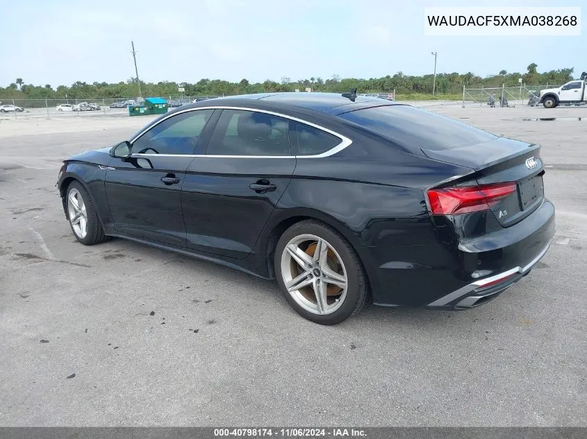 2021 Audi A5 Sportback Premium 45 Tfsi Quattro S Tronic VIN: WAUDACF5XMA038268 Lot: 40798174