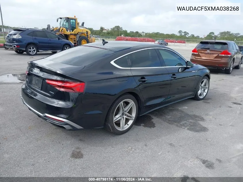 2021 Audi A5 Sportback Premium 45 Tfsi Quattro S Tronic VIN: WAUDACF5XMA038268 Lot: 40798174