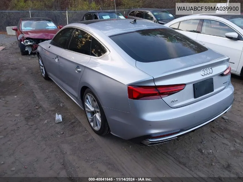 2021 Audi A5 Sportback Premium 40 Tfsi Quattro S Tronic VIN: WAUABCF59MA039900 Lot: 40841645