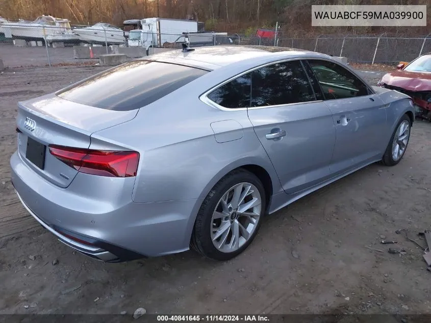 2021 Audi A5 Sportback Premium 40 Tfsi Quattro S Tronic VIN: WAUABCF59MA039900 Lot: 40841645