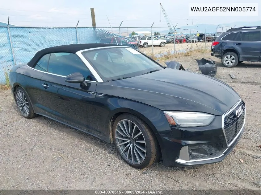 2022 Audi A5 Cabriolet Premium 45 Tfsi Quattro S Tronic VIN: WAU2AGF52NN005774 Lot: 40070515