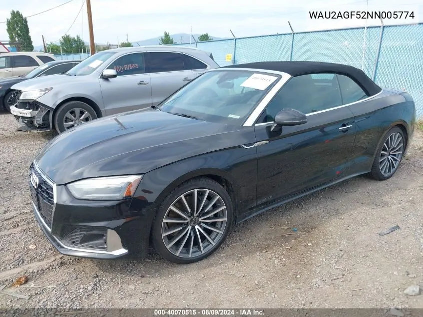 2022 Audi A5 Cabriolet Premium 45 Tfsi Quattro S Tronic VIN: WAU2AGF52NN005774 Lot: 40070515