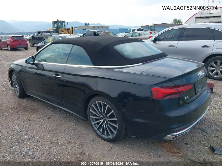 2022 Audi A5 Cabriolet Premium 45 Tfsi Quattro S Tronic VIN: WAU2AGF52NN005774 Lot: 40070515