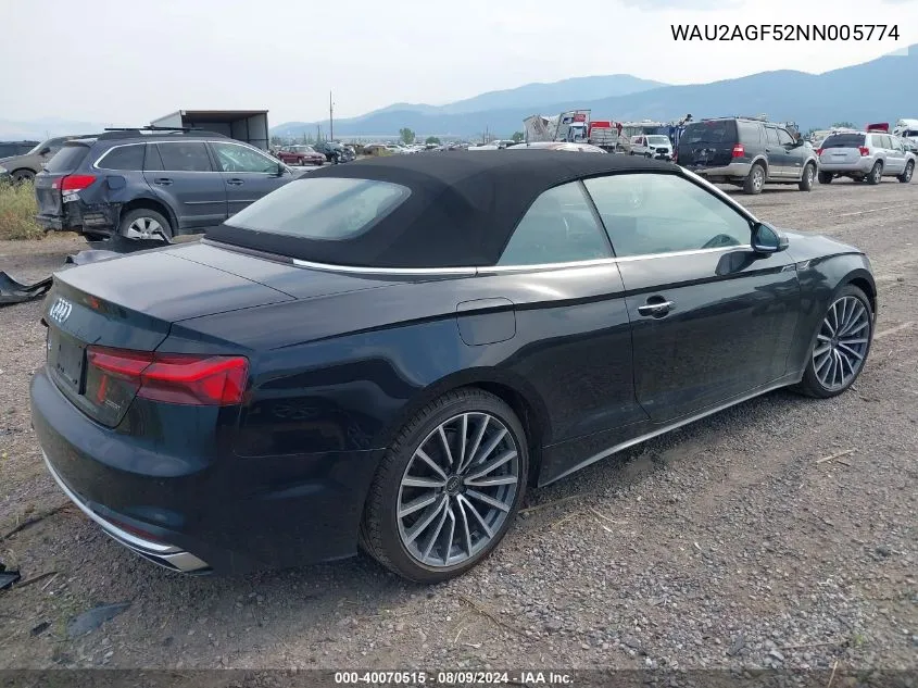 WAU2AGF52NN005774 2022 Audi A5 Cabriolet Premium 45 Tfsi Quattro S Tronic