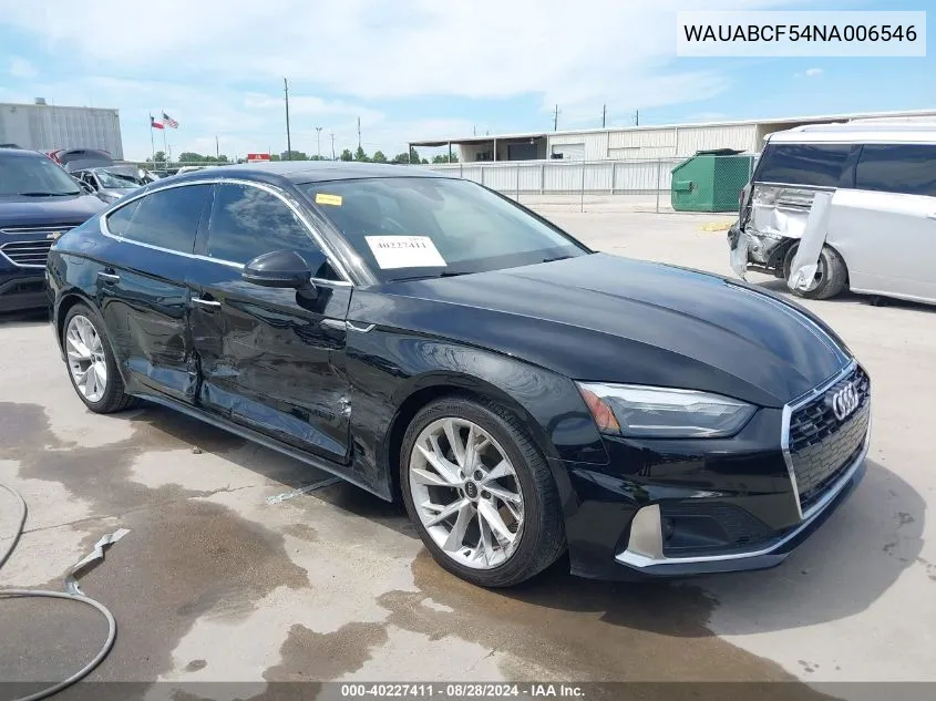 2022 Audi A5 Sportback Premium 40 Tfsi Quattro S Tronic VIN: WAUABCF54NA006546 Lot: 40227411