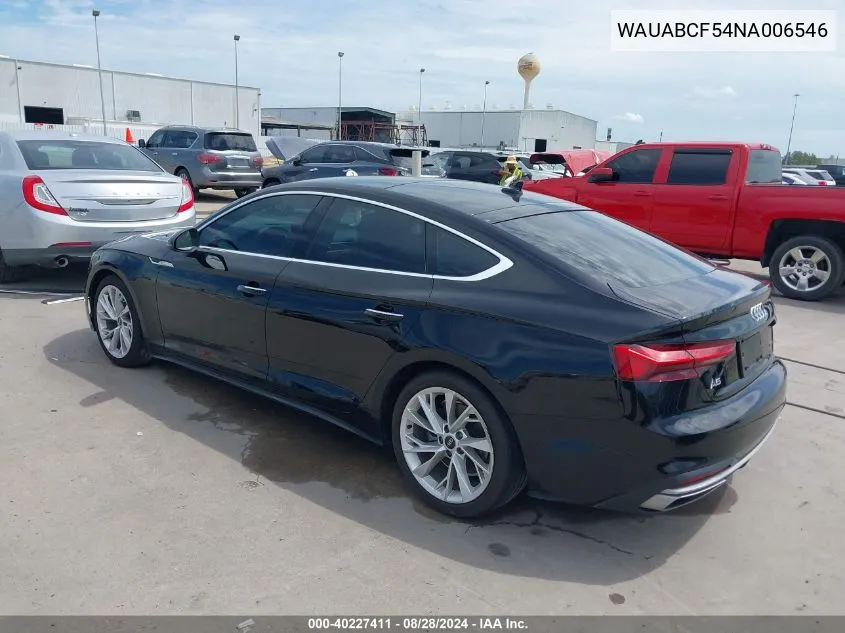 2022 Audi A5 Sportback Premium 40 Tfsi Quattro S Tronic VIN: WAUABCF54NA006546 Lot: 40227411