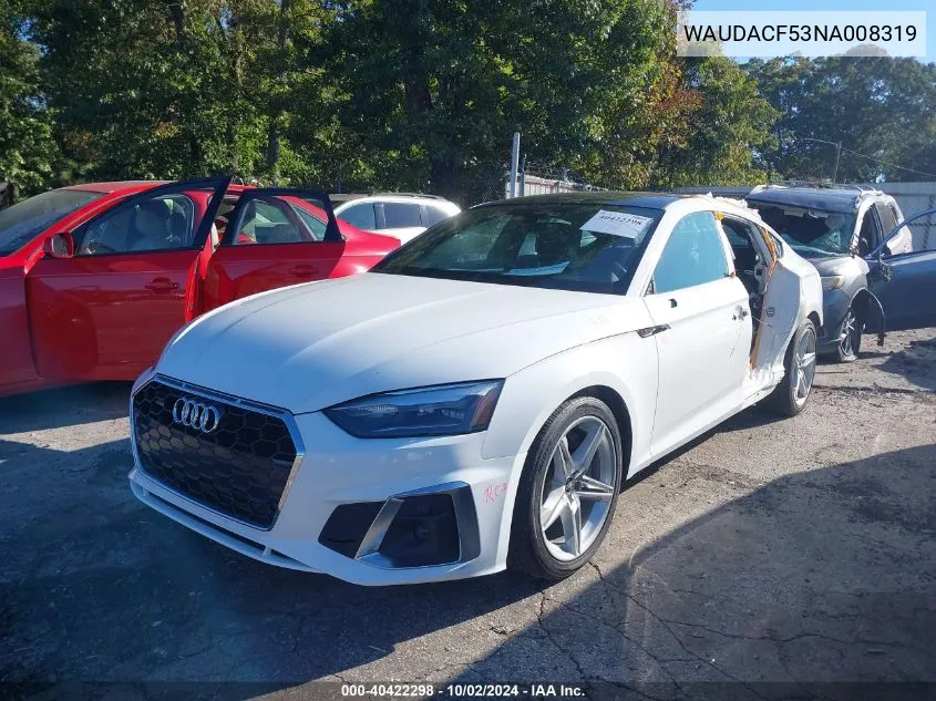 2022 Audi A5 Sportback Premium 45 Tfsi S Line Quattro S Tronic VIN: WAUDACF53NA008319 Lot: 40422298