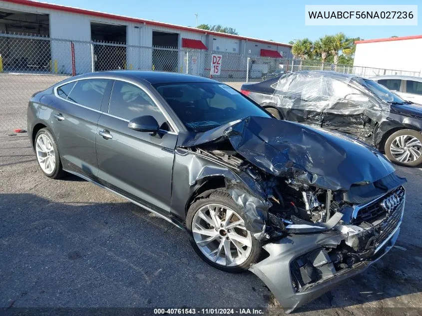 2022 Audi A5 Sportback Premium 40 Tfsi Quattro S Tronic VIN: WAUABCF56NA027236 Lot: 40761543