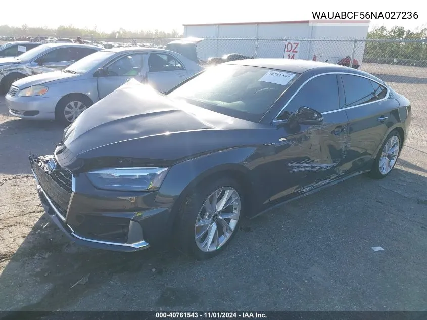 2022 Audi A5 Sportback Premium 40 Tfsi Quattro S Tronic VIN: WAUABCF56NA027236 Lot: 40761543