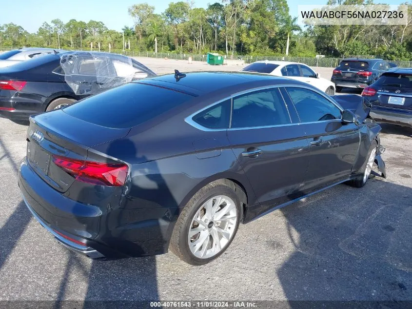 2022 Audi A5 Sportback Premium 40 Tfsi Quattro S Tronic VIN: WAUABCF56NA027236 Lot: 40761543