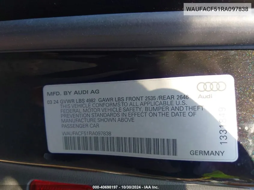 2024 Audi A5 Sportback Premium Plus 45 Tfsi Quattro S Tronic VIN: WAUFACF51RA097838 Lot: 40698197