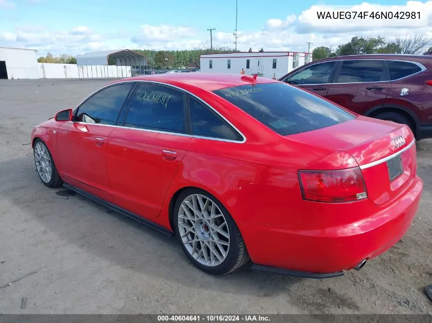 2006 Audi A6 3.2 VIN: WAUEG74F46N042981 Lot: 40604641