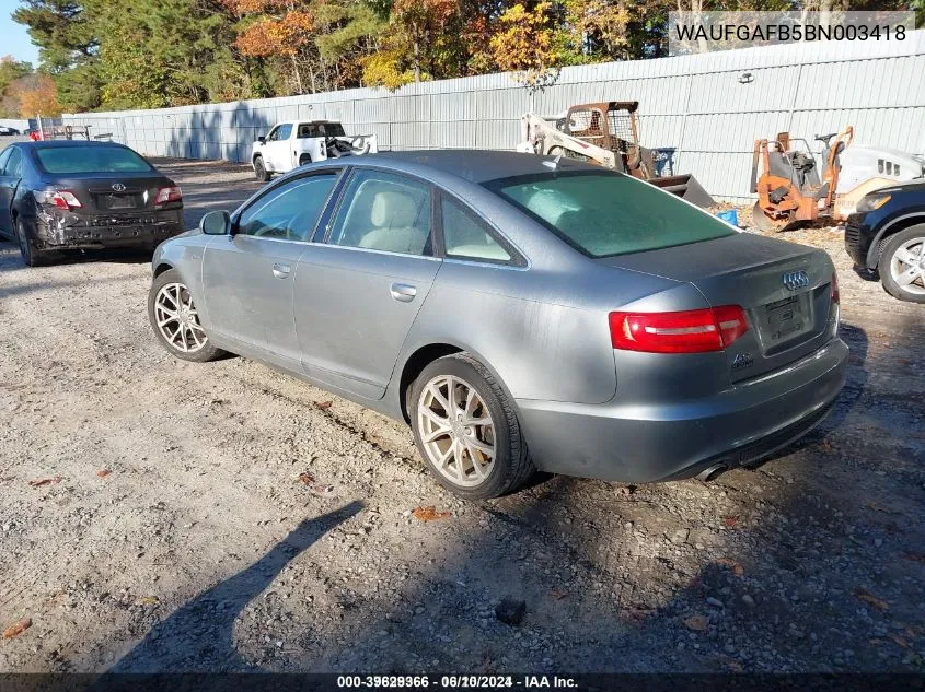 2011 Audi A6 3.0 Premium VIN: WAUFGAFB5BN003418 Lot: 39629366