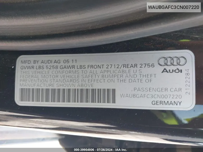 2012 Audi A6 3.0 Premium VIN: WAUBGAFC3CN007220 Lot: 39954806