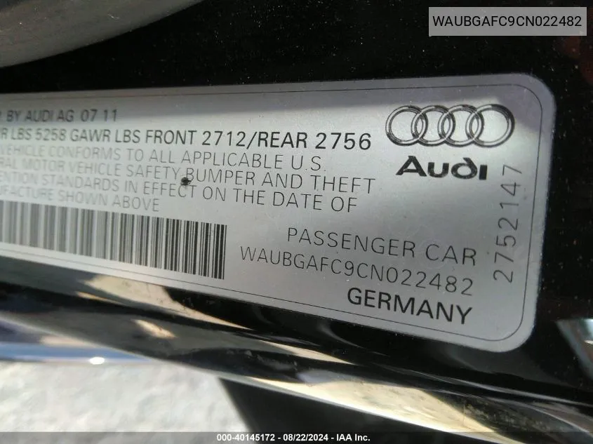 WAUBGAFC9CN022482 2012 Audi A6 3.0 Premium