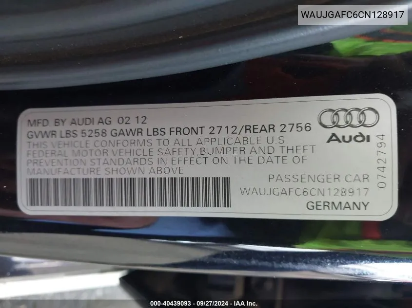 2012 Audi A6 3.0 Premium VIN: WAUJGAFC6CN128917 Lot: 40439093