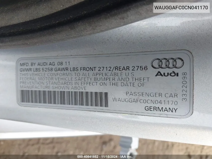 2012 Audi A6 3.0T Premium Plus VIN: WAUGGAFC0CN041170 Lot: 40841852