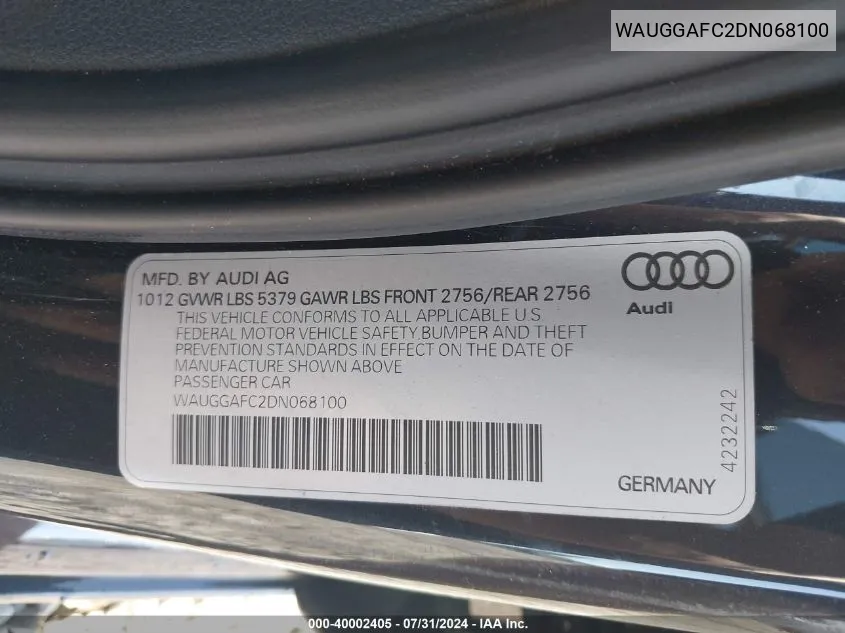 2013 Audi A6 3.0T Premium VIN: WAUGGAFC2DN068100 Lot: 40002405