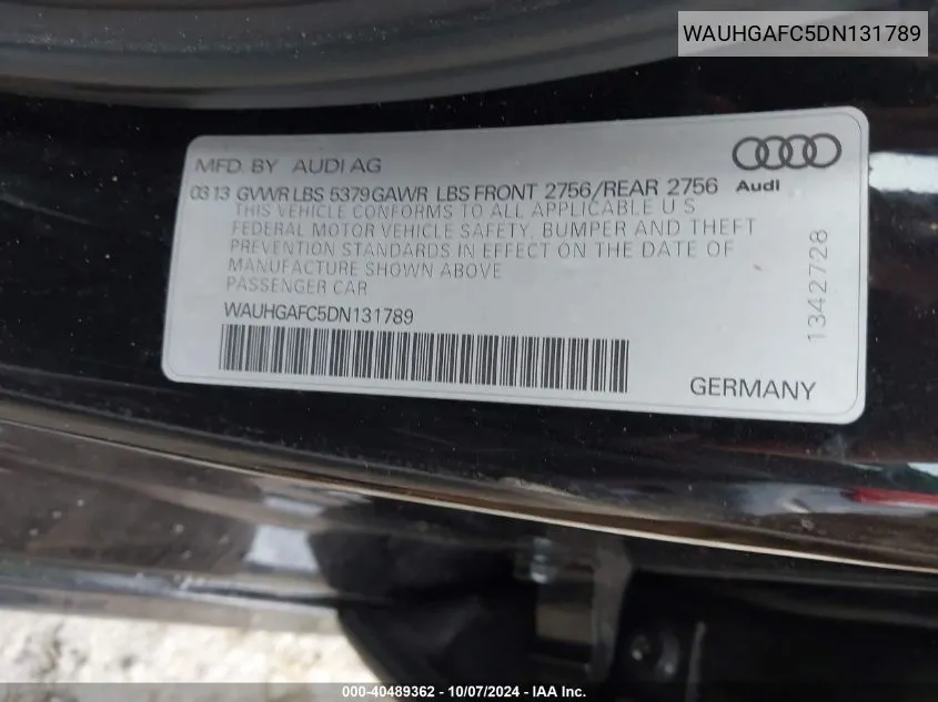 2013 Audi A6 3.0T Premium VIN: WAUHGAFC5DN131789 Lot: 40489362