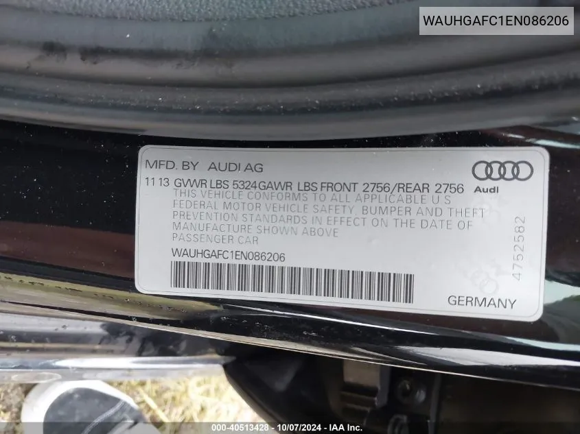 2014 Audi A6 Prestige VIN: WAUHGAFC1EN086206 Lot: 40513428