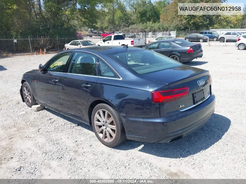 2016 Audi A6 2.0T Premium Plus VIN: WAUGFAFC6GN012958 Lot: 40302068