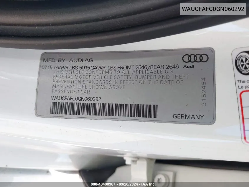 WAUCFAFC0GN060292 2016 Audi A6 2.0T Premium