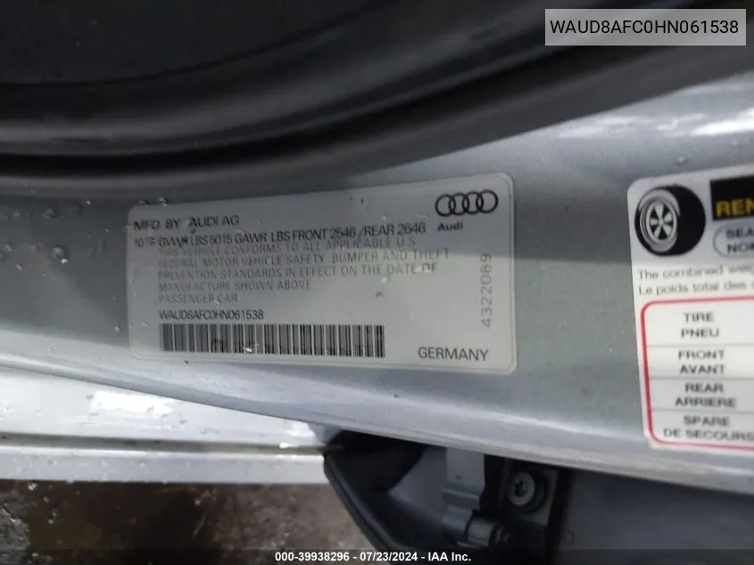 WAUD8AFC0HN061538 2017 Audi A6 2.0T Premium