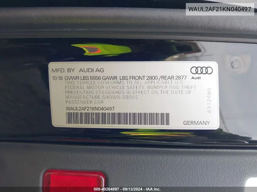 WAUL2AF21KN040497 2019 Audi A6 Premium Plus