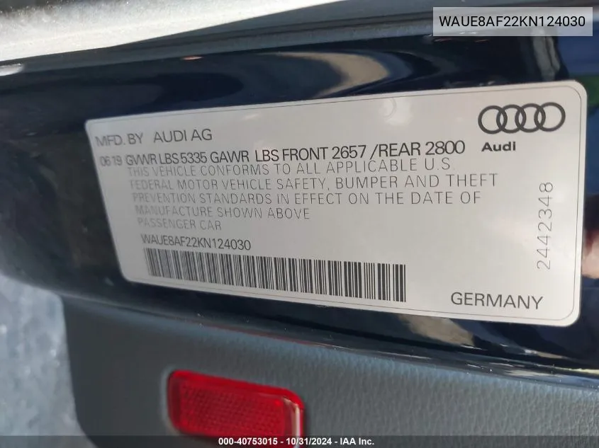 2019 Audi A6 45 Premium VIN: WAUE8AF22KN124030 Lot: 40753015