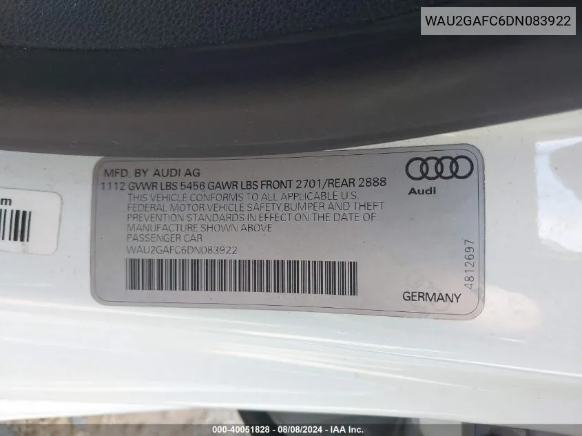 2013 Audi A7 3.0T Premium VIN: WAU2GAFC6DN083922 Lot: 40051828