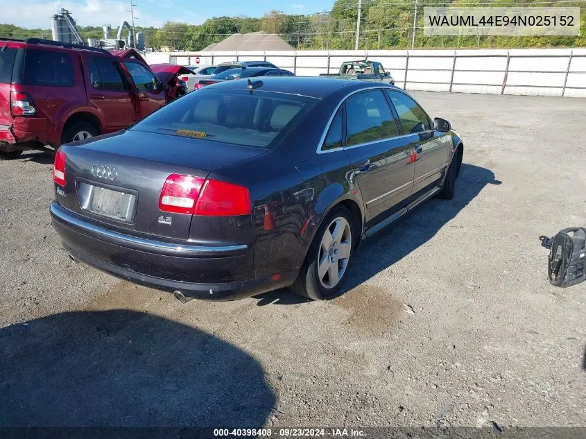 2004 Audi A8 L Quattro VIN: WAUML44E94N025152 Lot: 40398408