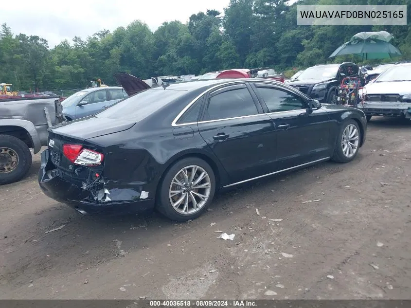 2011 Audi A8 4.2 VIN: WAUAVAFD0BN025165 Lot: 40036518