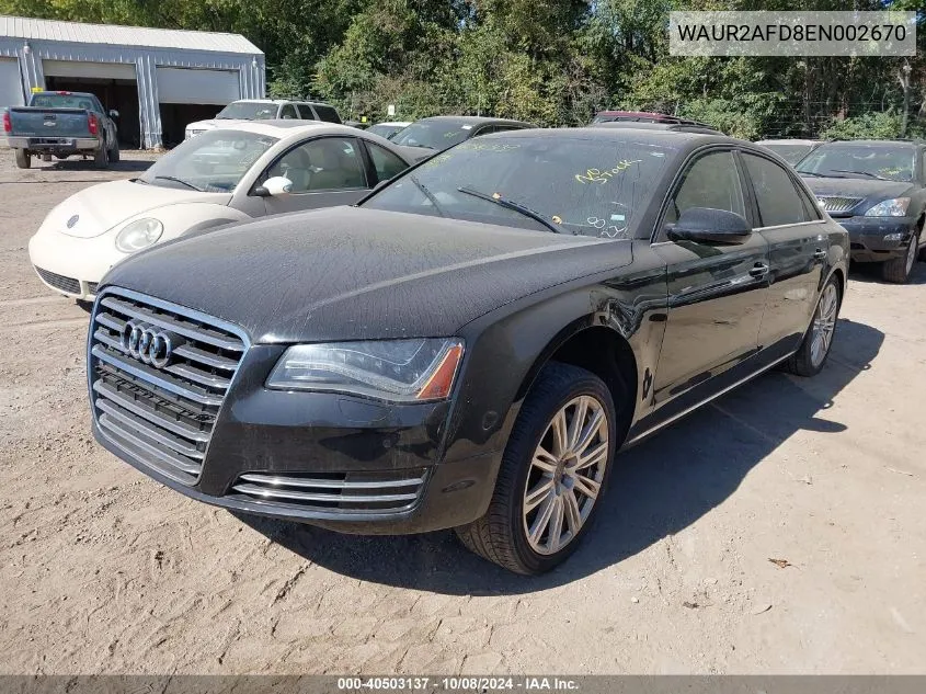 2014 Audi A8 L Quattro VIN: WAUR2AFD8EN002670 Lot: 40503137