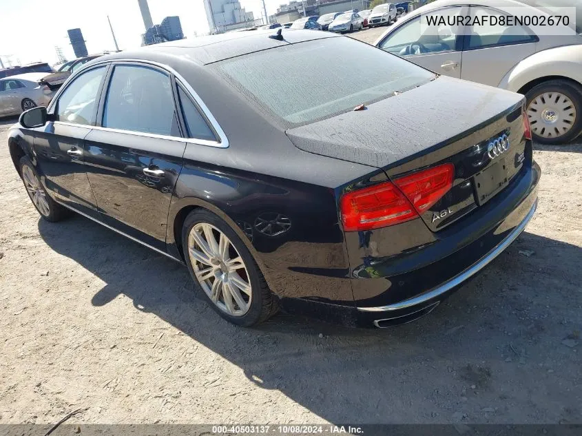 2014 Audi A8 L Quattro VIN: WAUR2AFD8EN002670 Lot: 40503137