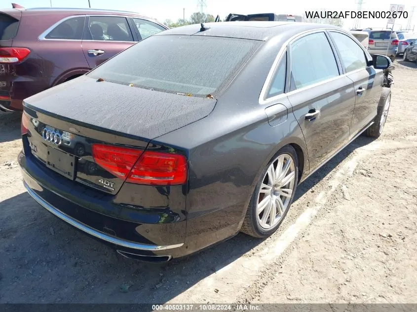 2014 Audi A8 L Quattro VIN: WAUR2AFD8EN002670 Lot: 40503137