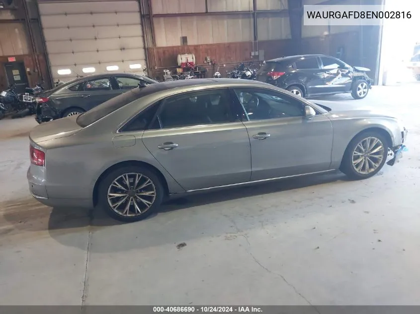 2014 Audi A8 L 3.0T VIN: WAURGAFD8EN002816 Lot: 40686690