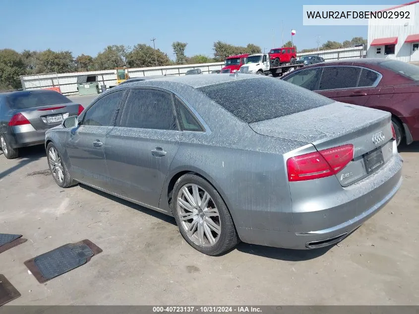 2014 Audi A8 L 4.0T VIN: WAUR2AFD8EN002992 Lot: 40723137