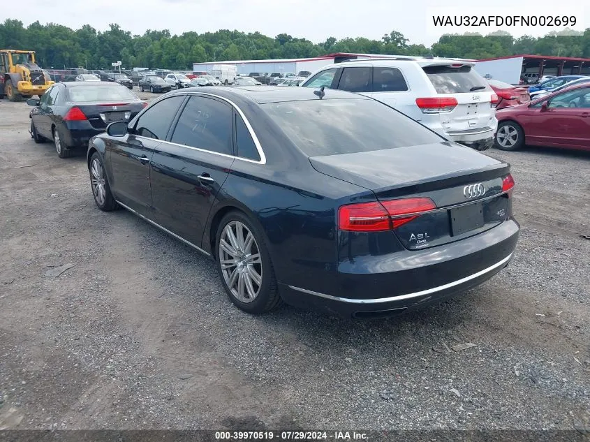 2015 Audi A8 L 4.0T VIN: WAU32AFD0FN002699 Lot: 39970519