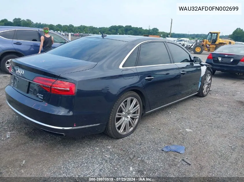 2015 Audi A8 L 4.0T VIN: WAU32AFD0FN002699 Lot: 39970519