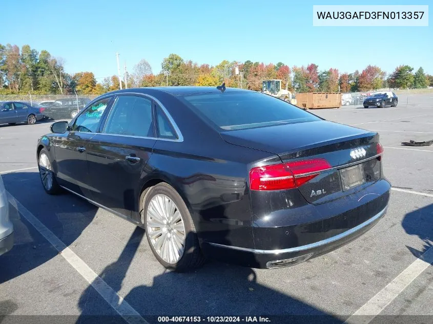 2015 Audi A8 L 3.0T VIN: WAU3GAFD3FN013357 Lot: 40674153