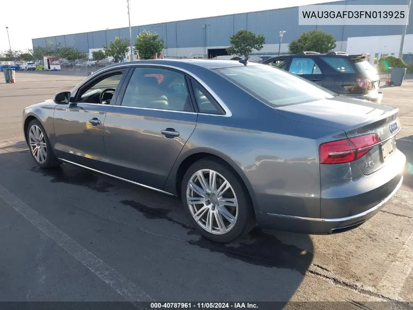 2015 Audi A8 L 3.0T VIN: WAU3GAFD3FN013925 Lot: 40787961