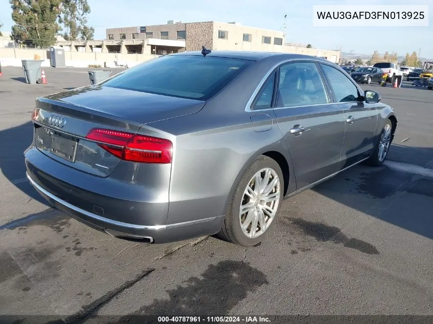 2015 Audi A8 L 3.0T VIN: WAU3GAFD3FN013925 Lot: 40787961